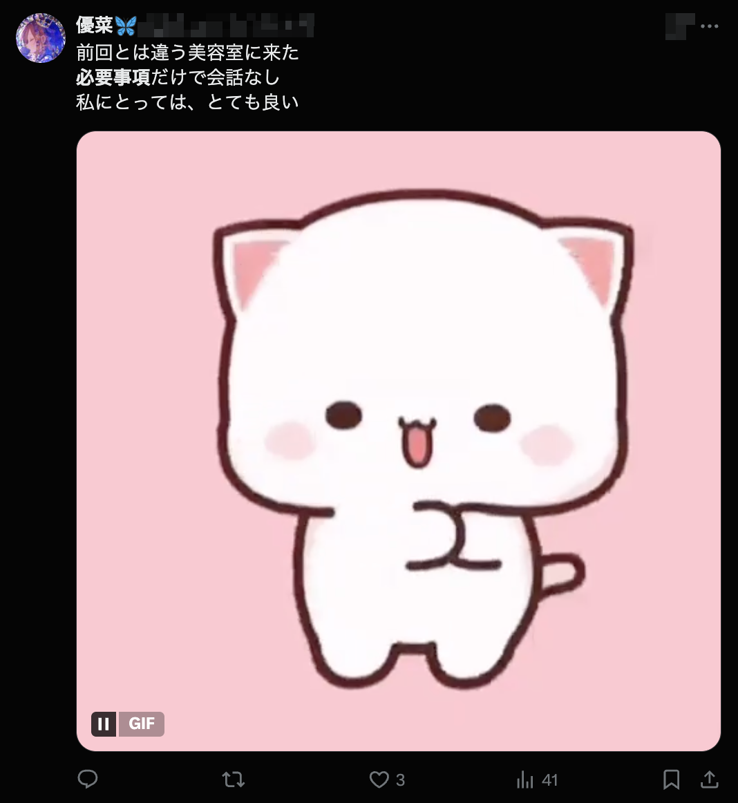 Screenshot of a tweet using 必要事項 to mean only the "bare necessities" at a salon.