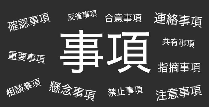 The Japanese word 事項 (jiko) surrounded by various other compounds using this word, such as 確認事項, 重要事項, 相談事項, 反省事項, 懸念事項, 合意事項, 禁止事項, 連絡事項, 指摘事項, and 注意事項.